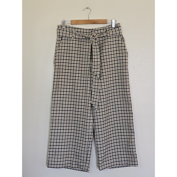 H&M Houndstooth Wide Leg Paperbag Pants Womens Size 10 Belted Crop Trendy - Picture 2 of 12